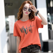 PHJ 短袖t恤女宽松夏季新款韩版显瘦体恤打底衫女士印花圆领上衣 桔色 XL（135-150斤）