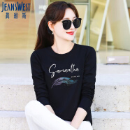 真维斯（JEANSWEST）t恤女纯棉白色女装2024夏季t恤上衣女士印花打底衫黑色M