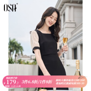 欧莎（OSA）黑色方领连衣裙女夏季23年新款中长款赫本风法式泡泡袖裙子短袖 黑色B S