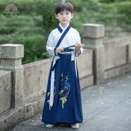 似晨缤纷儿童古装汉服国学男女同款民族服春夏季中国风马面裙唐装演出服 龙吟白蓝直袖 150cm