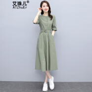 艾珠儿新款连衣裙夏季2024女装韩版短袖中长款收腰显瘦气质夏天裙子女 绿色 XL
