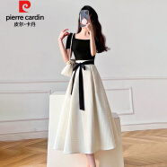 皮尔卡丹（pierre cardin）连衣裙女夏季2024新款女装简约气质百搭高腰显瘦短袖套装裙子女 米白色套装裙 L   建议110-125斤