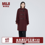 无印良品MUJI 女式羊毛混牛角扣大衣长款连帽毛呢呢子外套秋冬季 深紫红色 S (155/80A)