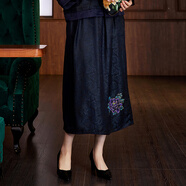 玺玥中国风桑波缎丝绸经典手绘牡丹休闲半身裙日常百搭古典裙子 蓝色 L （105~125斤）