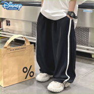 迪士尼（Disney）男童春秋促销2024新款儿童洋气裤子男孩夏天长裤外穿潮 黑色侧边白条裤 110CM