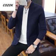COZOK 2022新品春秋季男装衣服 条纹针织衫开衫青年毛衣 薄款立领外套 藏蓝色 4XL