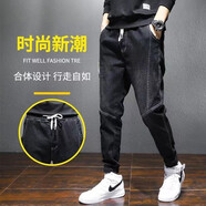 苏京猫牛仔裤男士春秋新款潮牌宽松百搭青年松紧哈伦工装束脚休闲长裤男 黑色 3XL