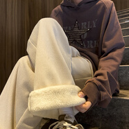 棉致加绒加厚羊羔绒阔腿裤子男秋冬季宽松灯芯绒潮流休闲直筒棉裤保暖 杏色【0401加绒高品质】 XL 125-140斤