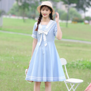 紫洛妮少女连衣裙初中学生夏装2021新款韩版高中生小清新海军风JK裙子 天蓝色 M/160