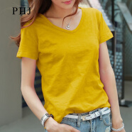PHJ 纯色t恤女短袖夏季新款套头显瘦竹节棉半袖体恤衫时尚V领上衣 姜黄 XL