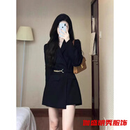 口旋韩系轻熟温柔风感收腰黑色西装外套女春秋小个子西装裙 黑色+腰带 xL 建议120-135斤