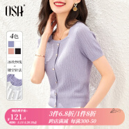 欧莎（OSA）微镂空紫色方领冰丝短袖针织衫女夏季百搭新款小香风轻薄锁骨上衣 紫色A XS