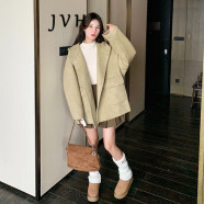JVH香港潮牌休闲连帽双面呢大衣女 2024冬季新款宽松加厚毛呢短外套 浅卡其色 L 130斤内