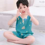 儿童睡衣夏季薄款棉绸夏天背心套装男童夏装绵绸宝宝人造棉家居服 浅绿色 无袖短裤星星龙 95号建议穿150cm
