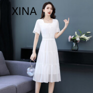 犀纳（XINA）潮牌高端蕾丝裙子夏2024新款短袖中长款A字雪纺裙修身显瘦连衣裙 白色（优质版） M（80-90）斤