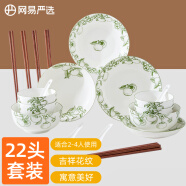 网易严选 手绘印花餐具套装22头碗碟套装中式简约碗碟筷子餐具