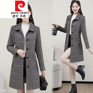 皮尔卡丹（pierre cardin）中长款格子毛呢外套冬2023洋气中年修身显瘦加厚呢子大衣针织 红格 XL