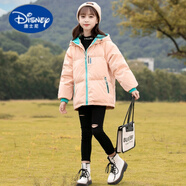 迪士尼女童羽绒棉服新款儿童韩版洋气轻薄连帽免洗加厚短款外套 姜黄色 130
