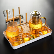 瓷牌茗茶具（cipaiming teaset） 透明玻璃茶具整套套装家用功夫茶壶茶杯会客泡茶器 金盖雅致六彩杯8件+杯架+小长方