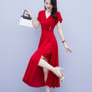 墨茉（MORIMUIR）新款连衣裙子女夏季短袖气质韩版收腰修身中长裙女装时髦开叉下摆 红色 XL(105-115斤)