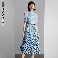 颜域时尚波点连衣裙2024女夏季通勤圆领中长款短袖裙子 蓝波点 S/36