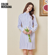 mikibana米可芭娜简约气质条纹长袖衬衫连衣裙收腰系带宽松显瘦裙新款 蓝白条 S