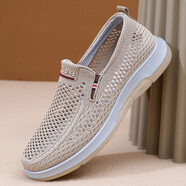 鮟鱇飞织网眼一脚蹬运动休闲男夏季鞋子防滑软底宽松爸爸驾车鞋 米色 42