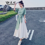 妍莉芬 法式短袖新款连衣裙女装夏天2024年夏季韩版气质a字桔梗长裙子 白+绿 S