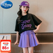 迪士尼（Disney）童装女童套装夏季2024新款中大童女孩夏装扎染网红短袖T恤半身裙 黑上衣紫裙裤 130建议身高120-130cm年龄7-8周岁