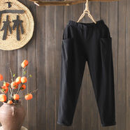 ZGHG棉麻九分裤女夏薄款新款韩版宽松显瘦高腰直筒裤女士纯棉裤子 黑色有口袋 XL 【建议115-125斤】