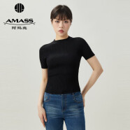 阿玛施（AMASS）2024春季新款简约百搭圆领套头短袖针织T恤衫女5399601 黑 S(2码)