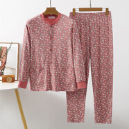 祁姿加厚女士睡衣纯棉开衫秋衣内衣系扣开襟中老年妈妈全棉散口裤家居 夕红 M 100 建议100-120斤