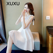 XUXU 香港潮牌 无袖连衣裙女装夏季新款气质简约纯色高腰显瘦圆领仙女短裙时尚小白裙 白色 S