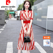 皮尔卡丹（pierre cardin）品牌女装新款连衣裙2022夏季条纹显瘦裙子 皮尔卡丹-红色 皮尔卡丹-M(建议80-100斤以下)