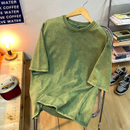 古莱登水洗做旧400g重磅纯棉t恤男士短袖宽松大码潮牌oversize半袖上衣 绿色 M