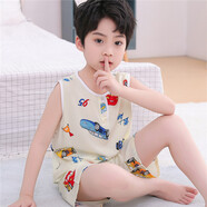 儿童睡衣夏季薄款棉绸夏天背心套装男童夏装绵绸宝宝人造棉家居服 明黄色 无袖短裤黄汽车 95号建议穿150cm