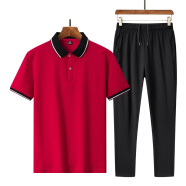 熙克宾威冰丝男士套装夏季2024新款高档透气薄款中老年POLO衫长裤两件套男 红色·短袖长裤·两件装 M
