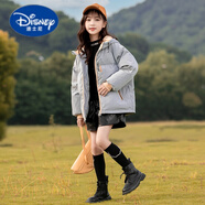 迪士尼女童羽绒棉服新款儿童韩版洋气轻薄连帽免洗加厚短款外套 浅蓝色 130