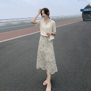 单蜜短袖连衣裙女装新品2022年夏季新款韩版宽松复古时尚法式显瘦两件套套装小个子中长款裙子女 米色 XL