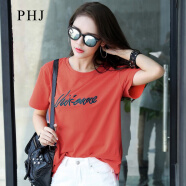 PHJ 短袖t恤女夏季新款韩版宽松显瘦字母体恤衫圆领刺绣女士上衣 橙红-短袖 L（120-135）斤
