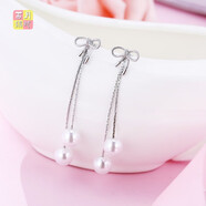 西月锦绣气质蝴蝶结流苏长款珍珠耳环925银针个性耳简约时尚耳坠 银色