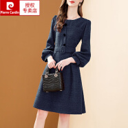 皮尔卡丹（pierre cardin）品牌女装毛呢格子连衣裙女2023秋冬新款气质袖拉链修身a字裙 蓝色 S