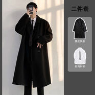 gxmy长款过膝风衣男士套装秋冬季韩版加厚毛呢子大衣宽松衣服男装外套 黑色外套+白长衬衫+黑领带【三件 2XL