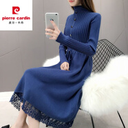 皮尔卡丹羊毛针织连衣裙女加绒加厚中长款秋冬2023蕾丝宽松半高领毛衣裙 蓝色 S 80-90斤