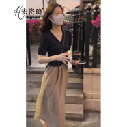 宏资琦 连衣裙2024夏季新款女装甜美气质短款V领上衣网纱半身裙子两件装 黑色上衣+卡其色半身裙 S（建议88—98斤）