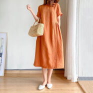 oeny出口一线专柜剪标女装棉麻连衣裙中长款短袖亚麻裙子 橘色(少量) M(建议80-105斤)