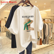 LOVER RUCCI法国夏季纯棉欧货2025新款短袖t恤女装宽松质感中长款半袖上衣潮 杏色G1678黑图-草帽女】 XL 建议135-155斤