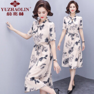 俞兆林（YUZHAOLIN）新款母亲节礼物夏装连衣裙子中年妈妈装高贵减龄气质裙子女中老年 米色 XL（建议90-105斤）