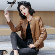 davis koko高端品牌 皮衣外套女装春秋新款短款皮夹克休闲时尚百搭上衣潮 卡其色 M