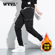 WYVL工装裤男士宽松大码休闲裤纯棉裤子迷彩男裤九分裤束脚裤秋冬加厚 黑色（加绒） XL